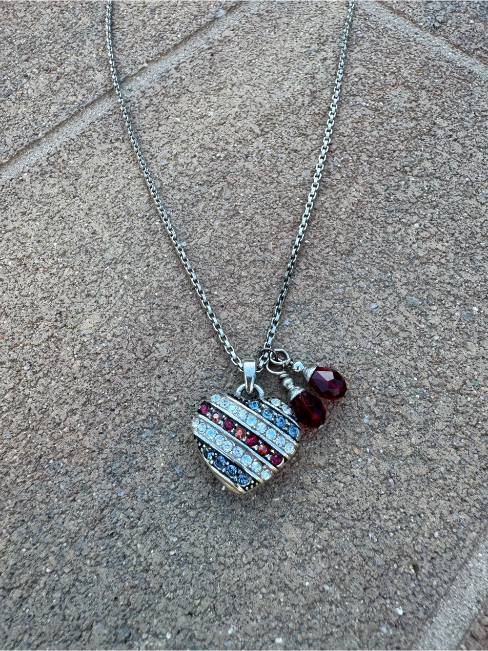 Brighton Silver-Tone Heart Necklace with Red and Clear Crystal Stripes